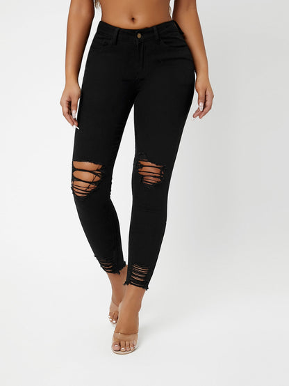 Black Drop Waist Ripped Raw Hem Skinny Jeans