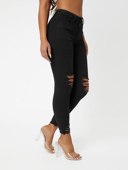 Black Drop Waist Ripped Raw Hem Skinny Jeans