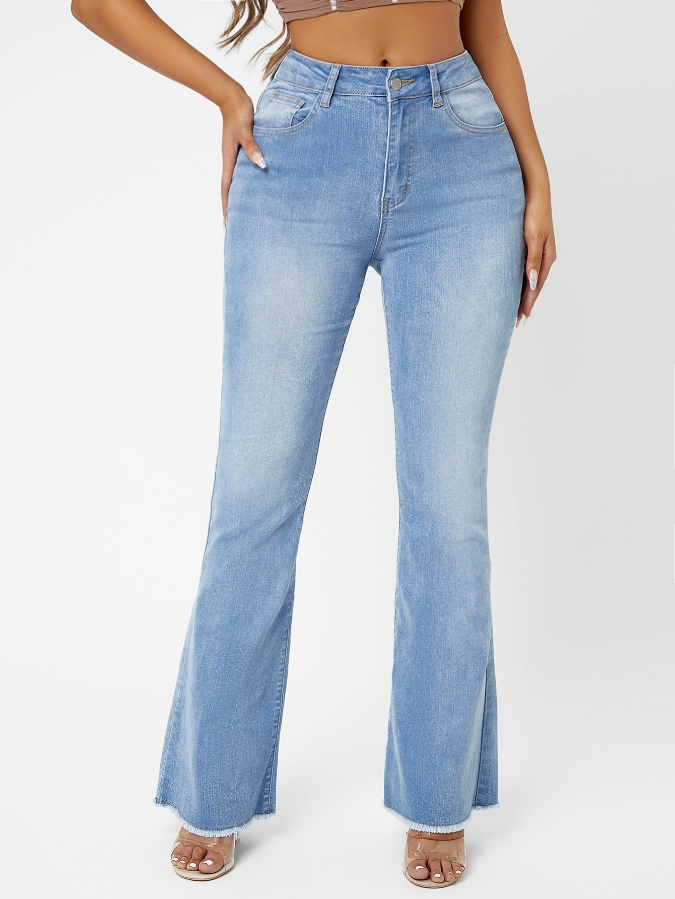 Blue Light Wash Raw Hem Flare Leg Jeans