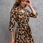 V-Neck Allover Print Roll Tab Sleeve High Waist Belted Dress