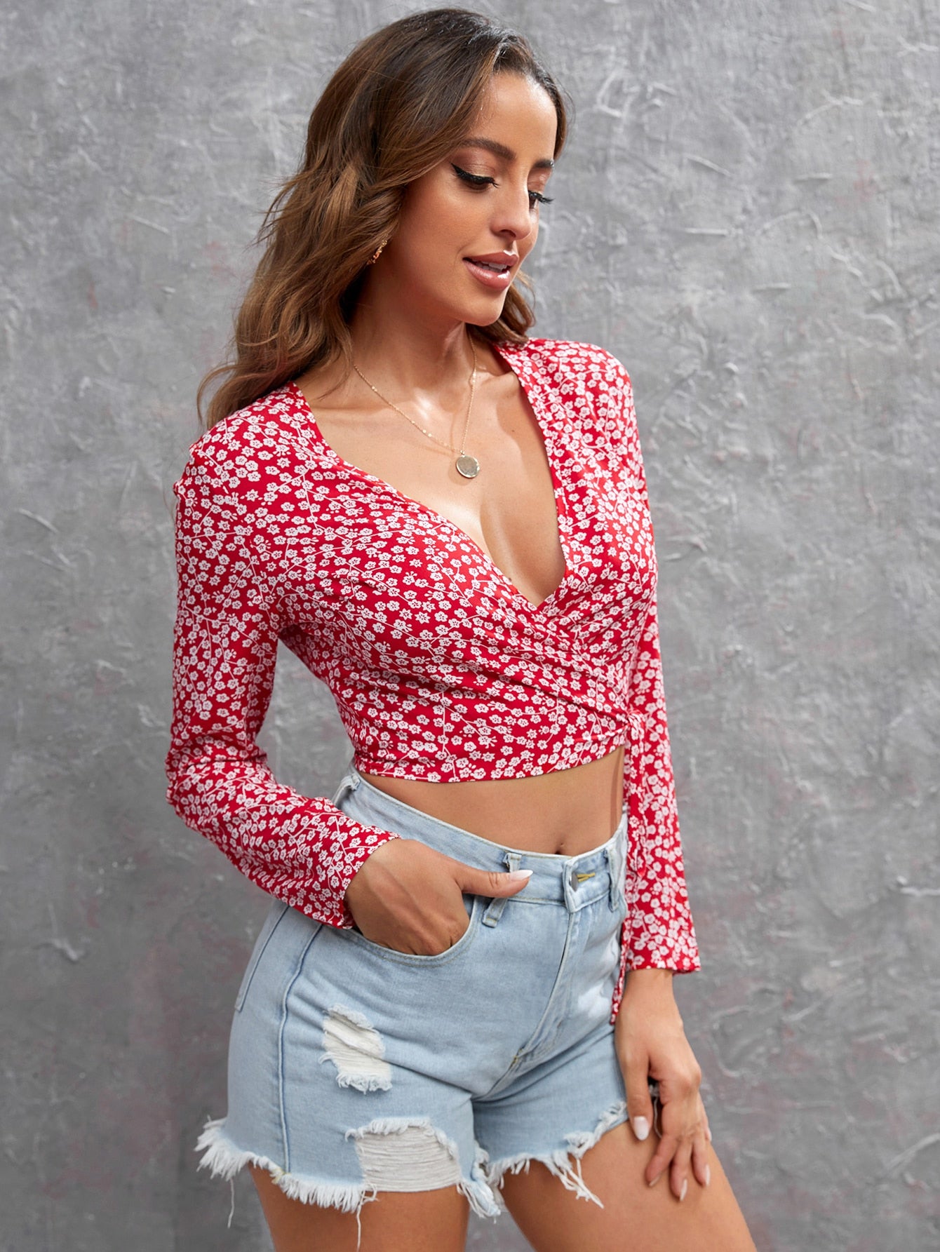 Red White Ditsy Floral Tie Side Crop Blouse Top