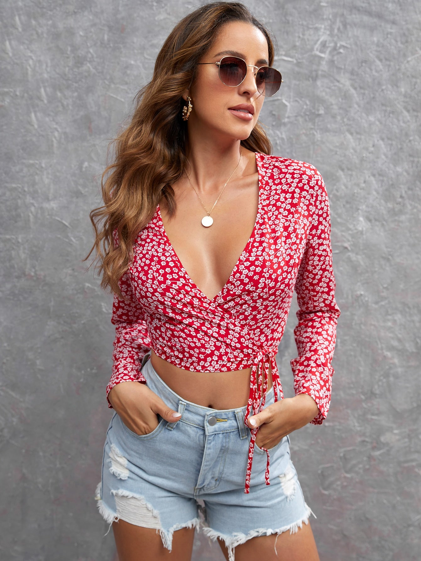 Red White Ditsy Floral Tie Side Crop Blouse Top