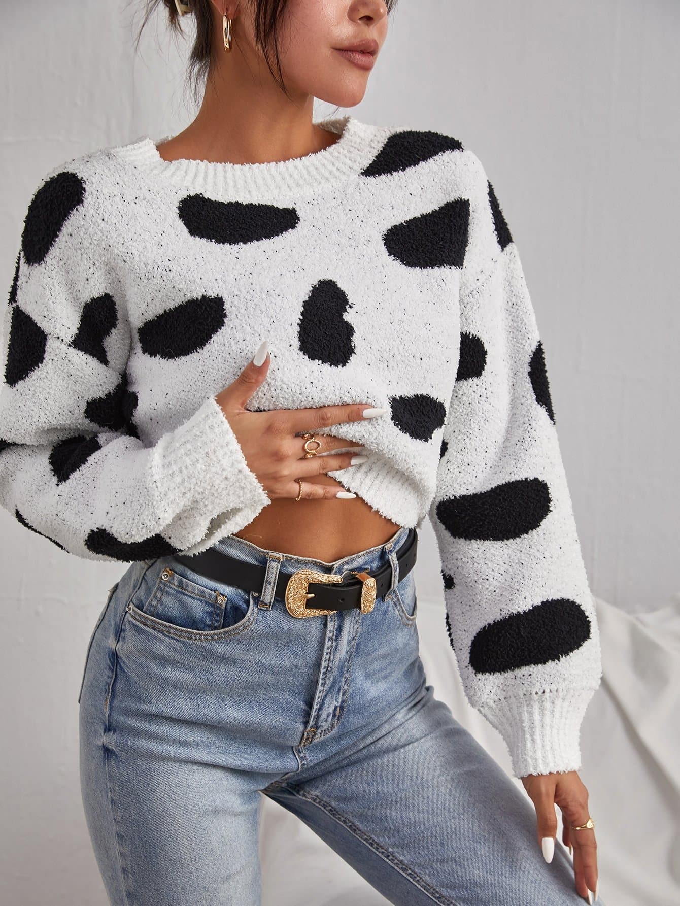 Black White Cow Pattern Drop Shoulder Round Neck Sweater