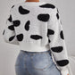 Black White Cow Pattern Drop Shoulder Round Neck Sweater