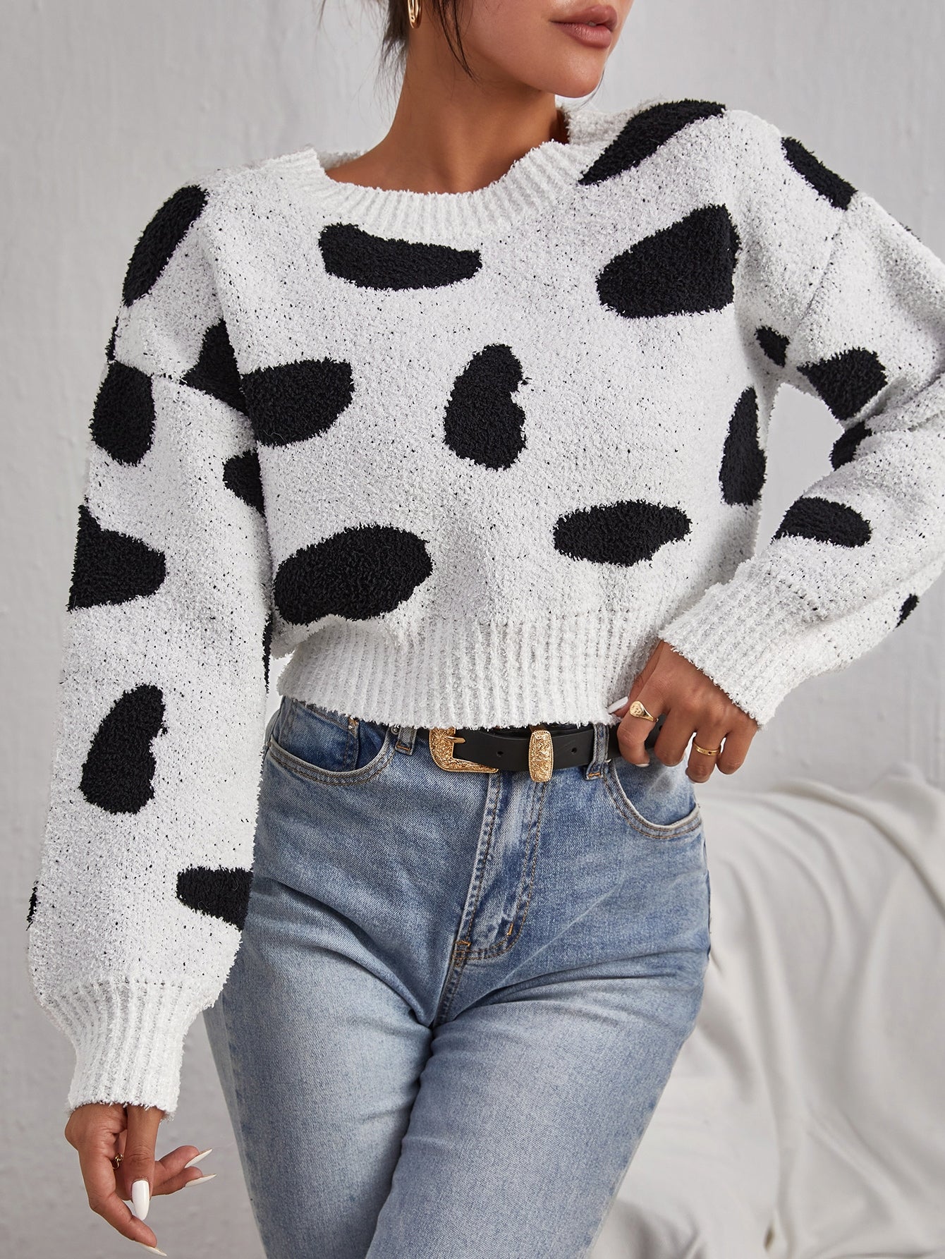 Black White Cow Pattern Drop Shoulder Round Neck Sweater