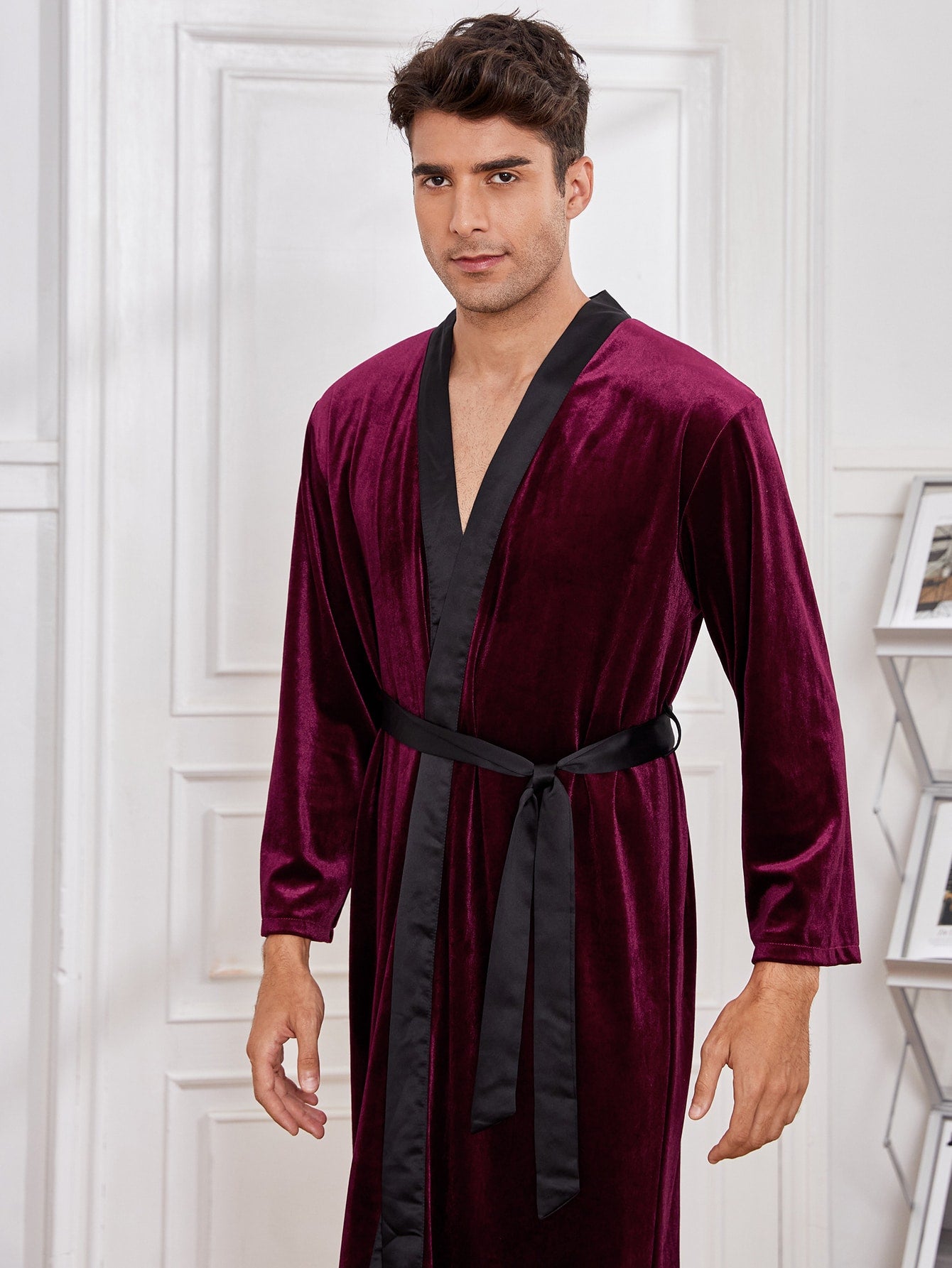 Burgundy Contrast Tape Belted Lounge Sleepwear Robe