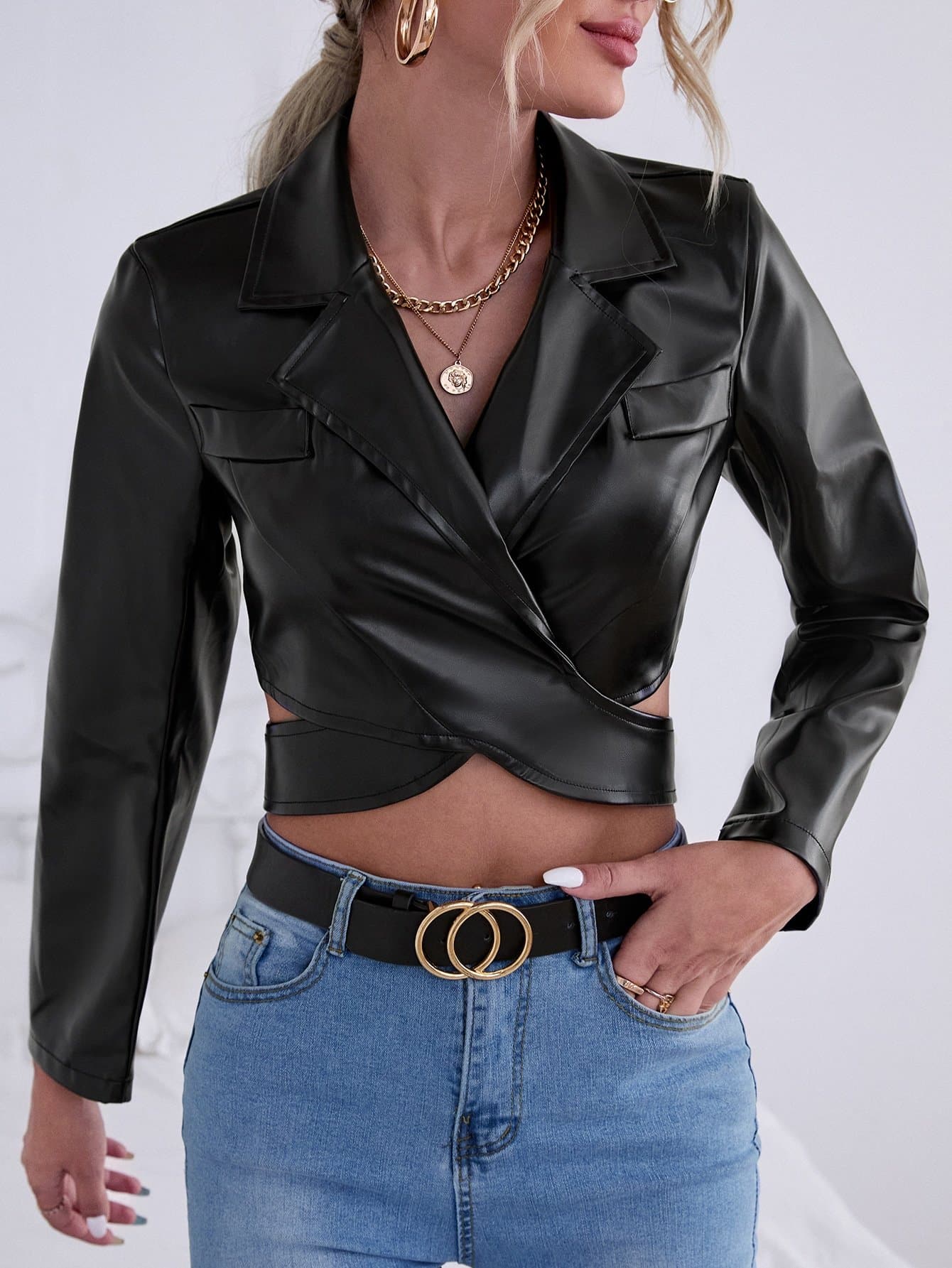 Black Solid Criss Cross Tie Back Crop PU Leather Slim Fit Jacket