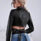Black Solid Criss Cross Tie Back Crop PU Leather Slim Fit Jacket