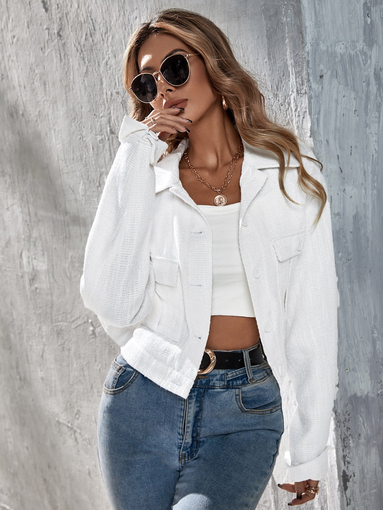 White Flap Pocket Single Breasted Button Front Crop Tweed Jacket