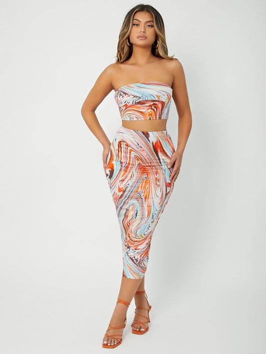 Marble Print Crop Tube Sleeveless Strapless Top and Pencil Skirt