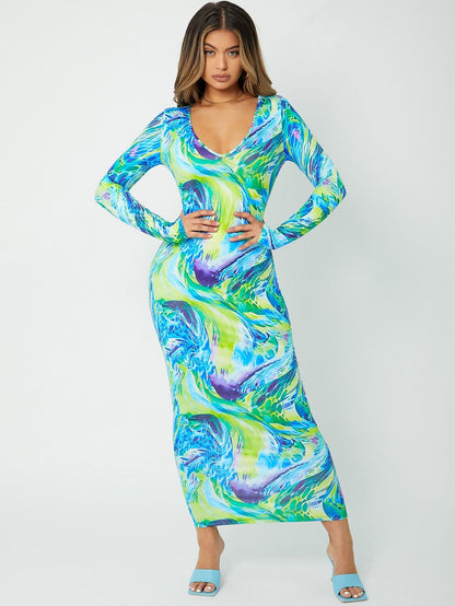 Allover Print V-Neck Slim Fit Dress