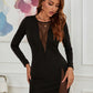 Black Round Neck Solid Mesh Insert Slim Fit Mini Dress