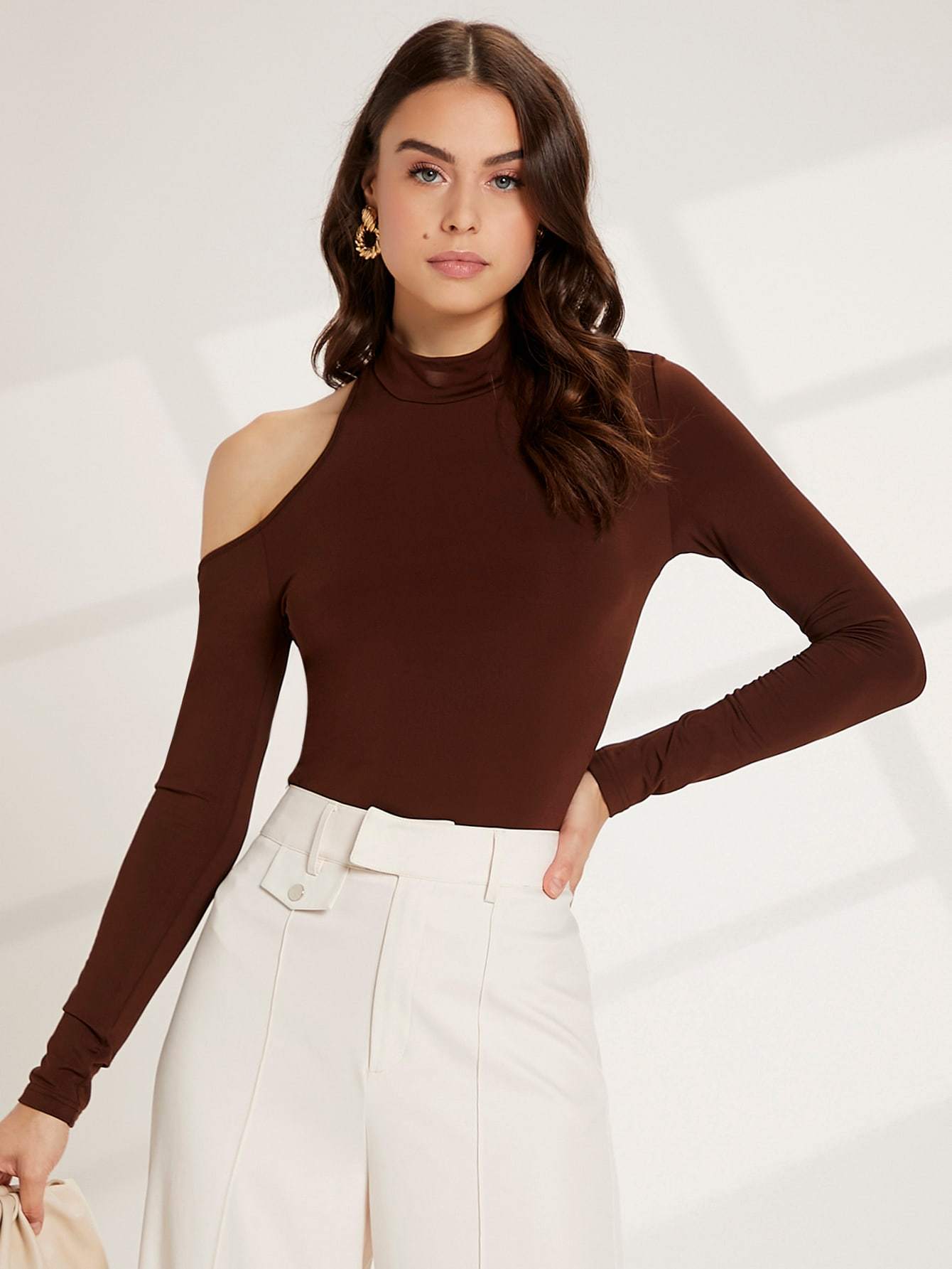 Brown Stand Collar Solid Mock Neck Cut Out Slim Fit Top
