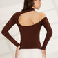 Brown Stand Collar Solid Mock Neck Cut Out Slim Fit Top