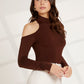 Brown Stand Collar Solid Mock Neck Cut Out Slim Fit Top