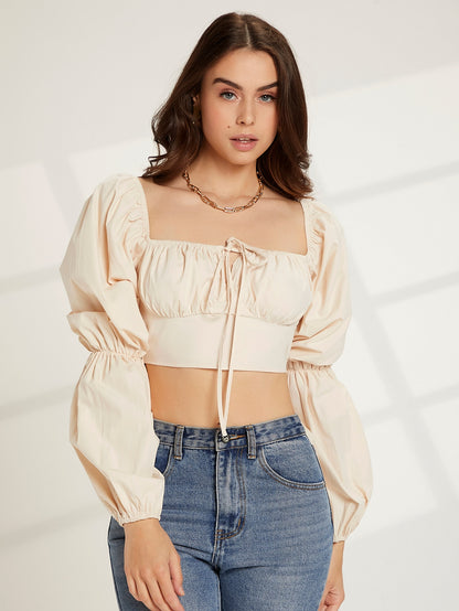 Square Neck Solid Ruched Knot Front Lantern Sleeve Crop Top