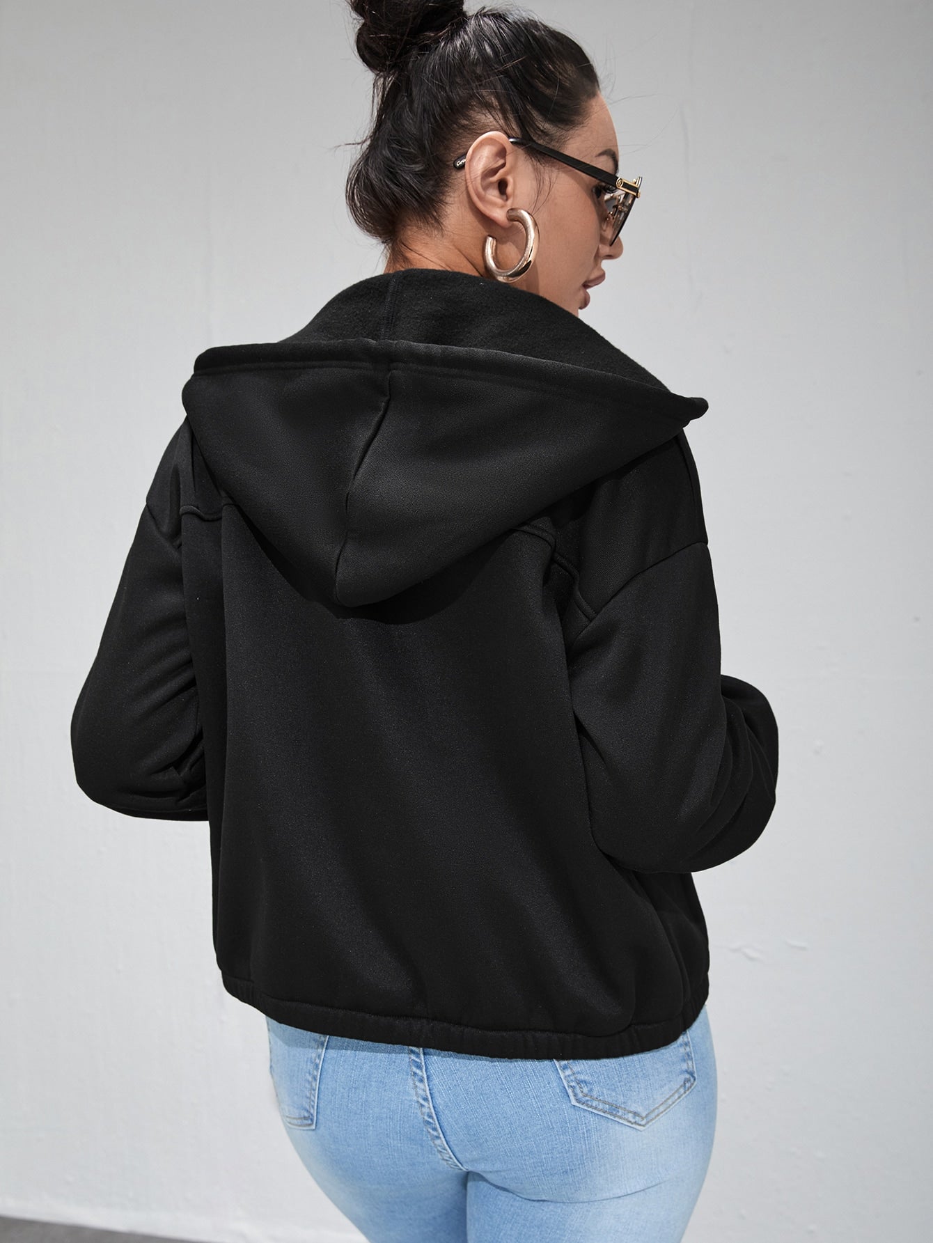 Black Tall Flap Detail Zipper Up Drawstring Hooded Jacket