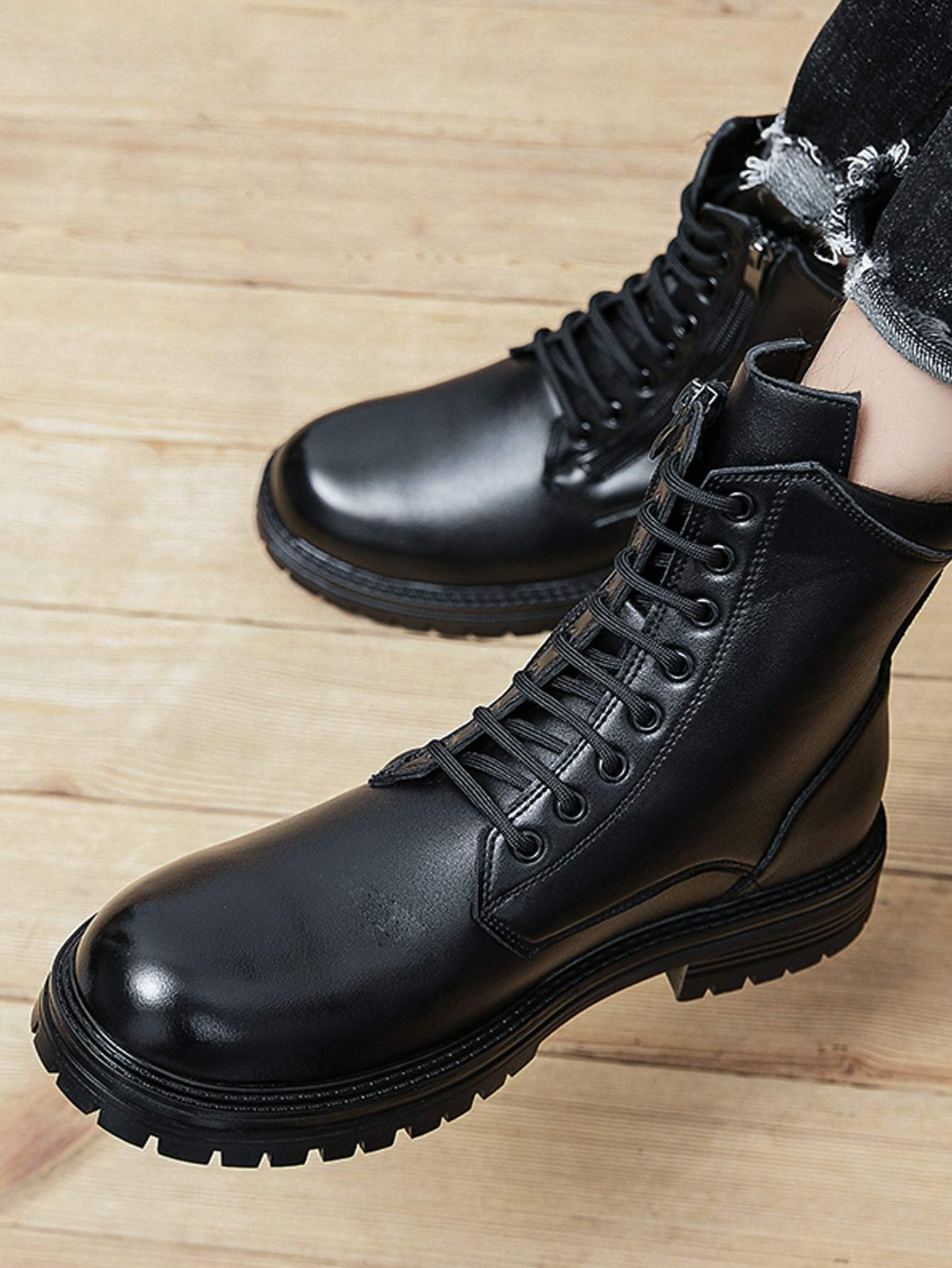 Black Side Zip Lace-up Front Combat Ankle Boots