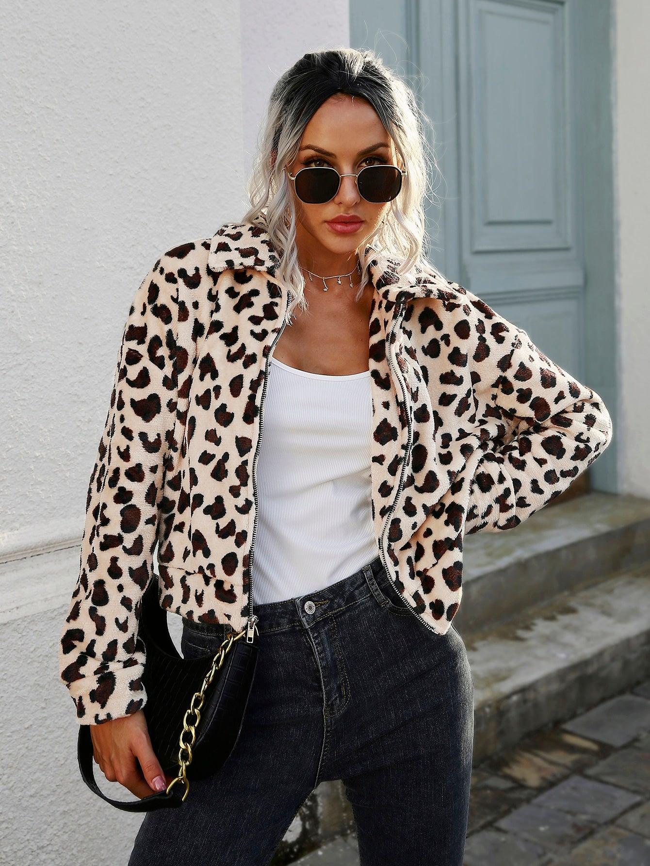 Leopard Print Drop Shoulder Flannel Jacket