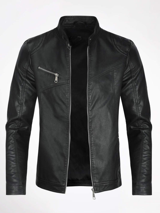 Black Stand Collar Zip Up PU Leather Solid Jacket