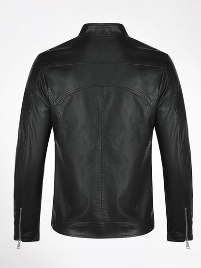 Black Stand Collar Zip Up PU Leather Solid Jacket