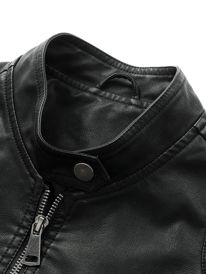 Black Stand Collar Zip Up PU Leather Solid Jacket