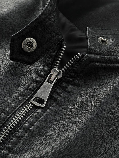 Black Stand Collar Zip Up PU Leather Solid Jacket