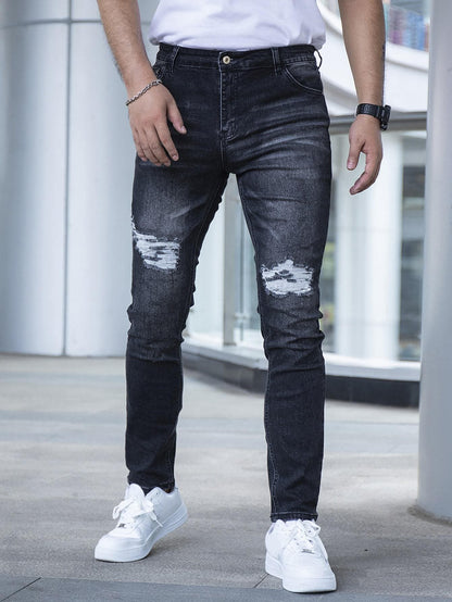 Black Button Front Washed Ripped Jeans