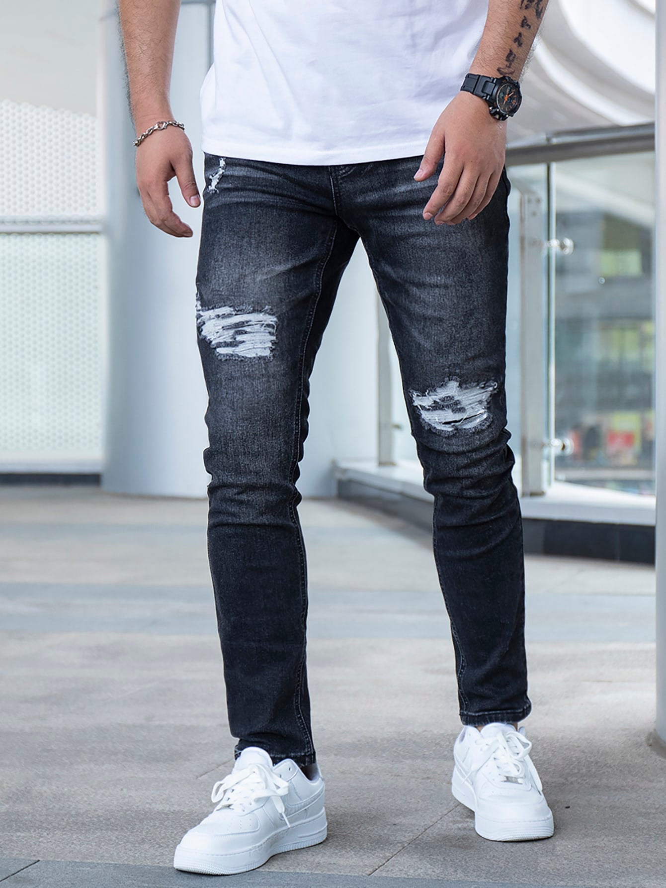 Black Button Front Washed Ripped Jeans