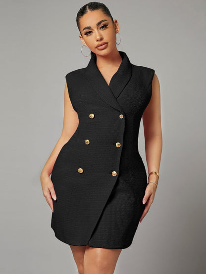 Black Solid Double Breasted Blazer Dress