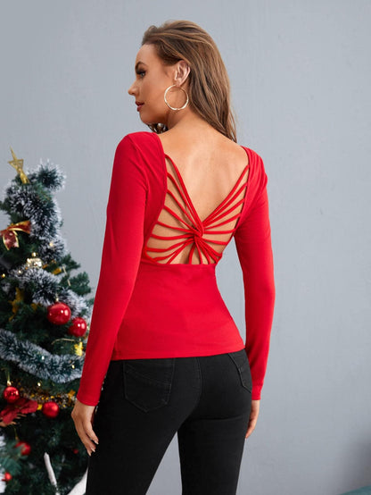 Red Round Neck Strappy Twist Back Solid Tee Top