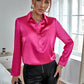 Hot Pink Solid Button Front Satin Blouse Top Shirt