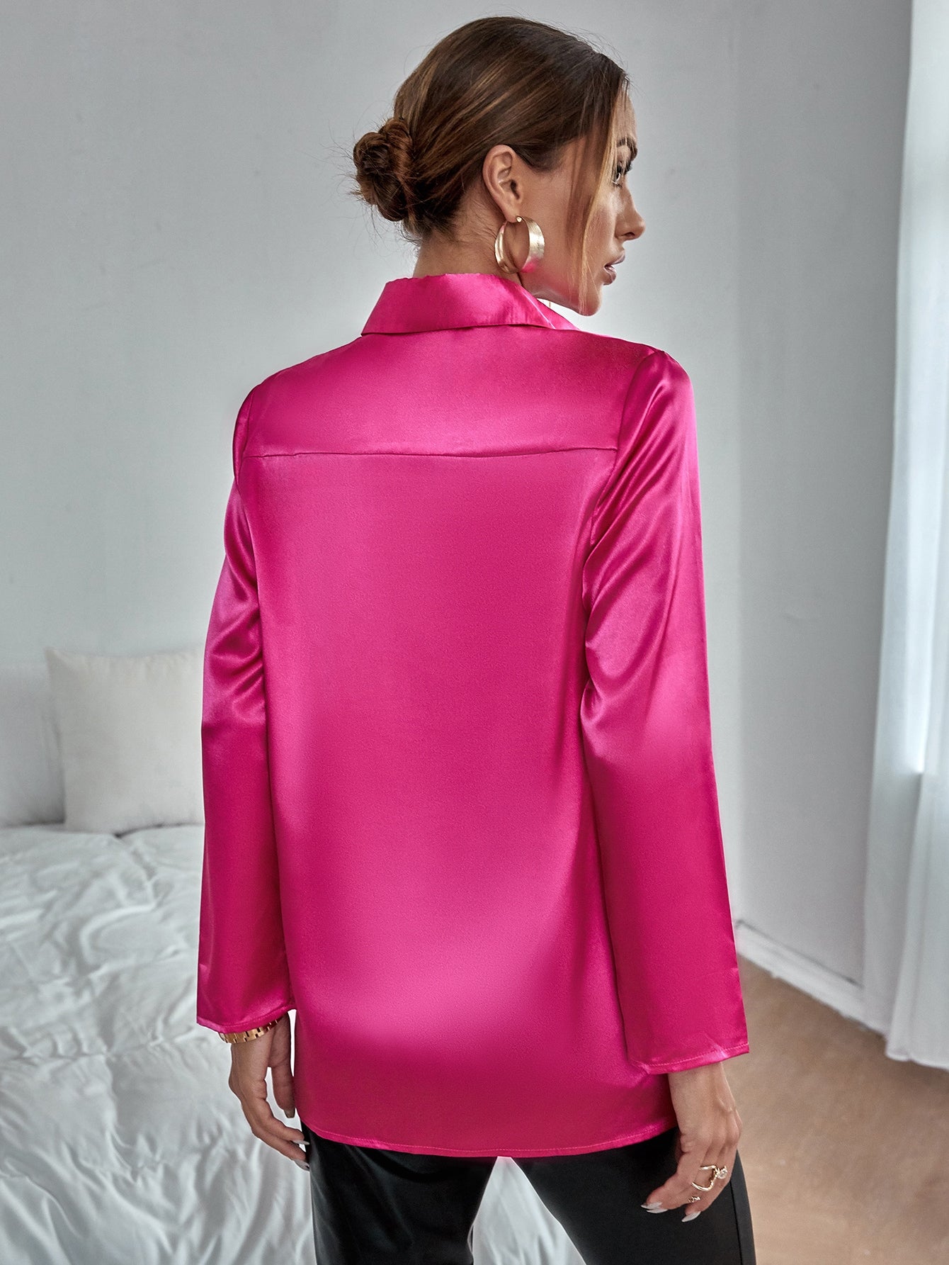 Hot Pink Solid Button Front Satin Blouse Top Shirt
