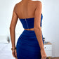 Blue Strapless Sleeveless Solid Zipper Back Tube Top and Ruched Knot Detail Skirt