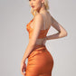 Orange Rhinestone Strap Backless Draped Bandana Crop Cami Top and Drawstring Side Slim Fit Skirt