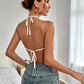 White Tie Backless Pleated Hanky Hem Sleeveless Satin Halter Top