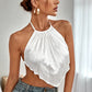 White Tie Backless Pleated Hanky Hem Sleeveless Satin Halter Top