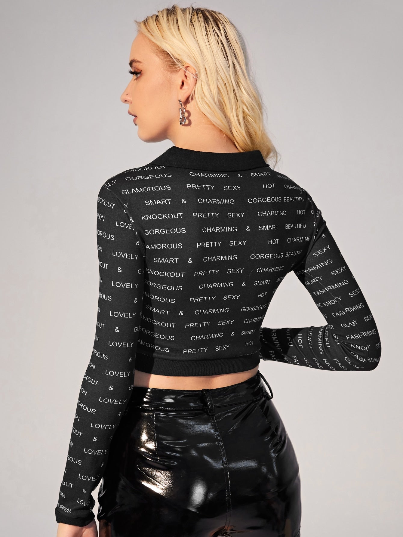 Black Letter Graphic Collared Slim Fit Crop Tee Top