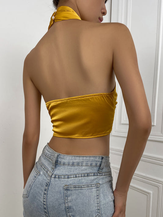 Satin Crossover Tie Front Backless Sleeveless Crop Halter Top
