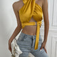 Satin Crossover Tie Front Backless Sleeveless Crop Halter Top