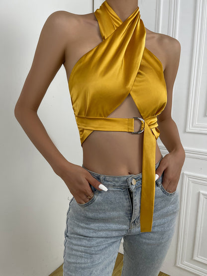 Satin Crossover Tie Front Backless Sleeveless Crop Halter Top