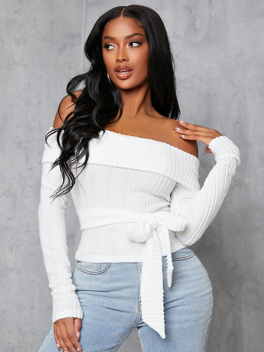 White Off the Shoulder Tie Front Solid Top