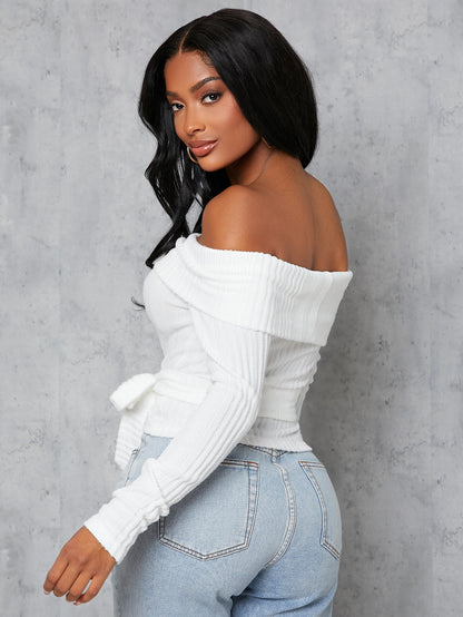 White Off the Shoulder Tie Front Solid Top