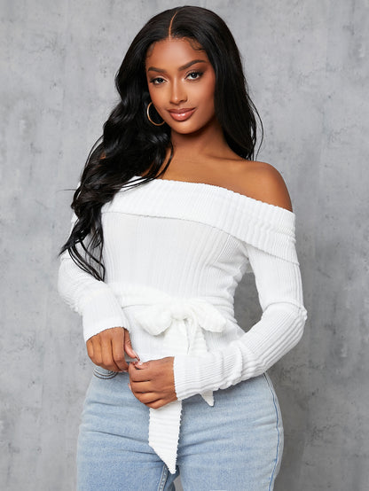 White Off the Shoulder Tie Front Solid Top