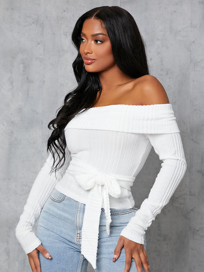 White Off the Shoulder Tie Front Solid Top