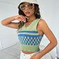Gingham and Striped Pattern Crop Knit Slim Fit Sleeveless Top