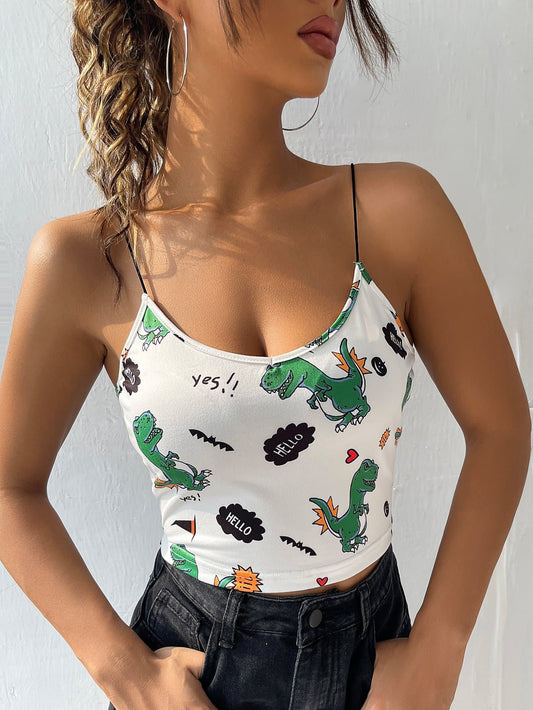 White Letter and Dinosaur Pattern Backless Sleeveless Crop Cami Top