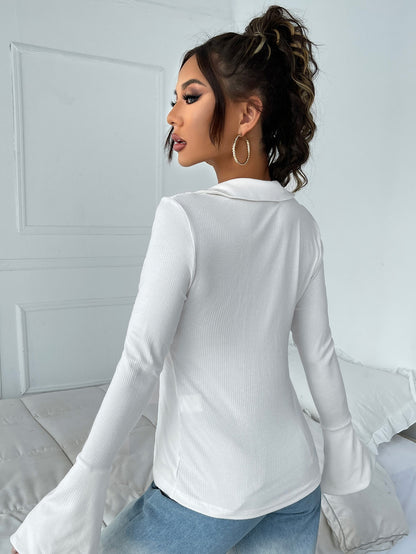 White V-Neck Split Hem Flounce Sleeve Slim Fit Tee Top