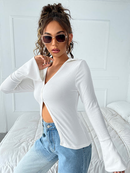 White V-Neck Split Hem Flounce Sleeve Slim Fit Tee Top