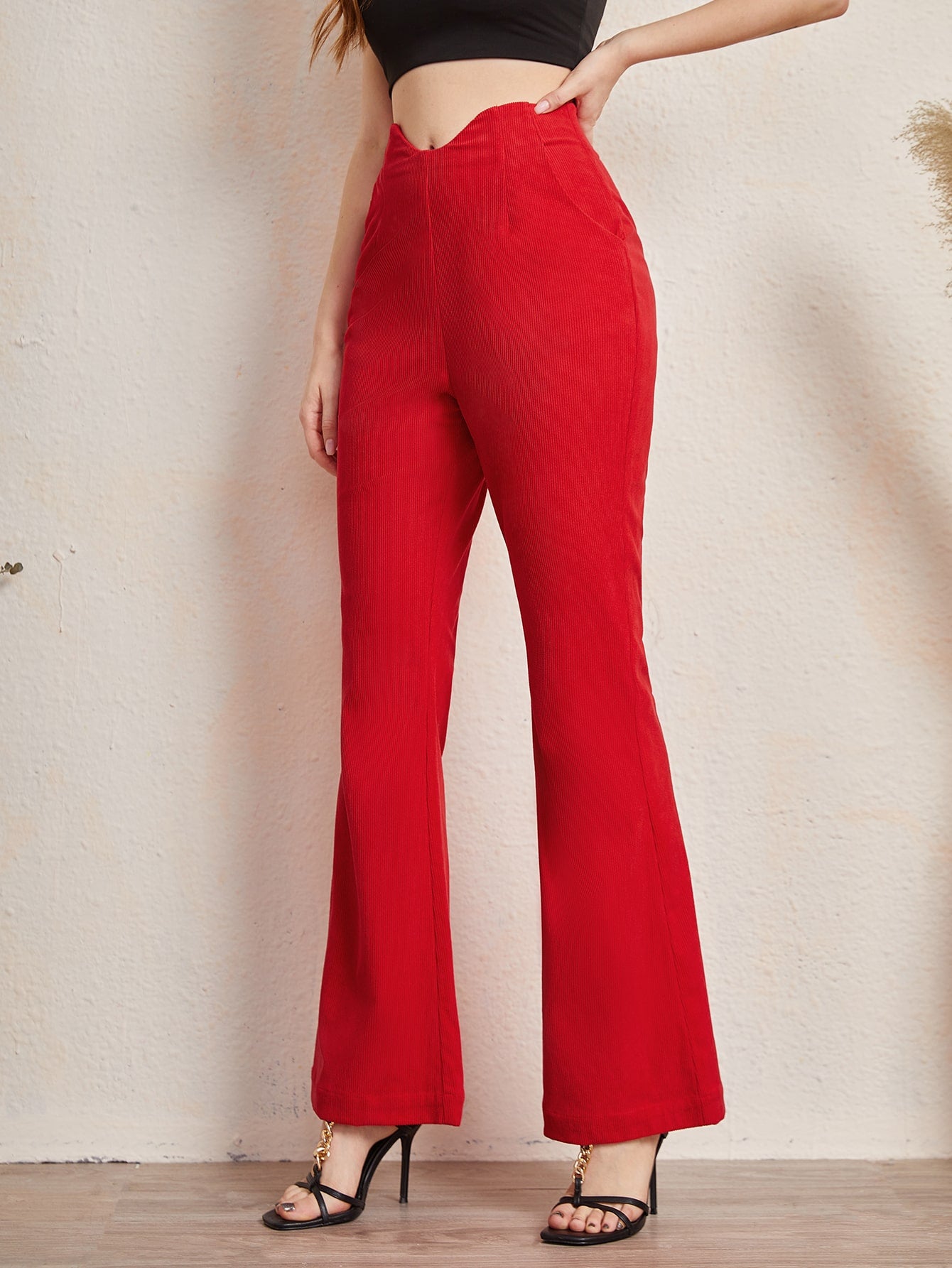 Red Asymmetrical High Waist Flare Leg Zipper Pants